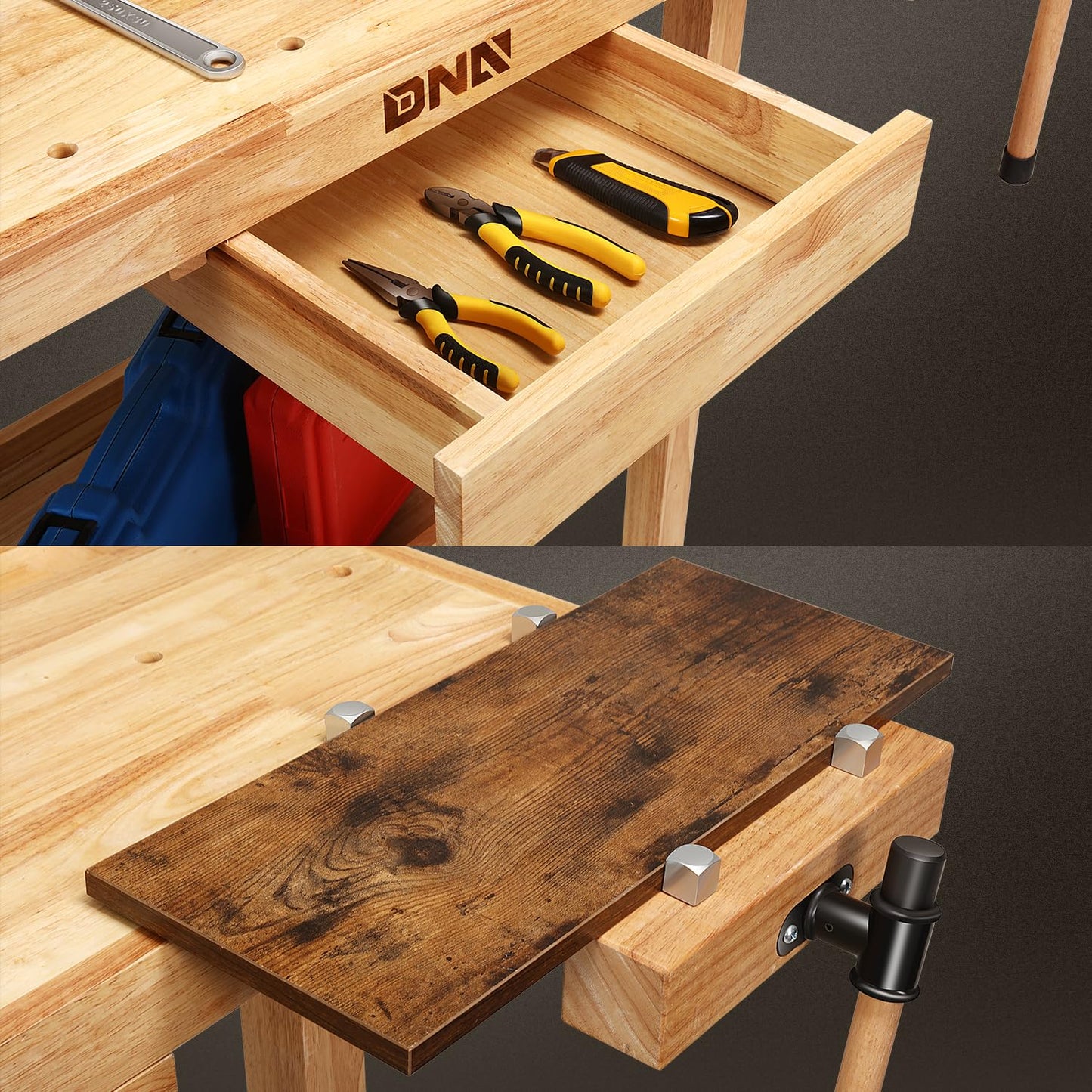 DNA Motoring Heavy Duty Wood Workbench, Wooden Workbench with Drawer for Workshop, Garage, W/Adjustable Handle, TOOLS-00520