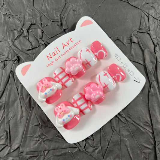 Short Press on Nails Handmade Nails 10Pcs Cartoon Nails Cute Mini Nails Pink Fake Nails for Women Party Holiday Photo Daily Wear 1.5CM Size M