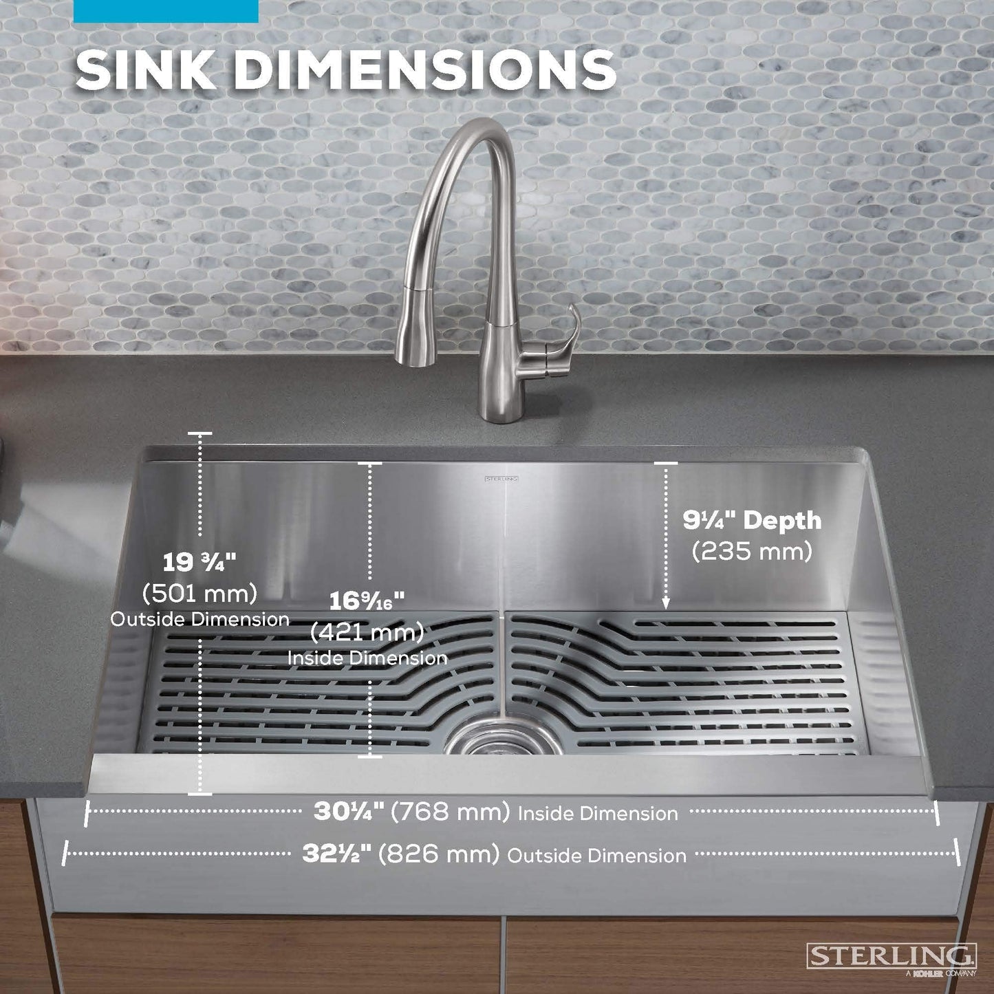 Sterling K-20243-PC-NA Ludington 34" Under-Mount Single-Bowl Farmhouse Kitchen Sink with Accessories, Apron-Front Basin, Stainless Steel