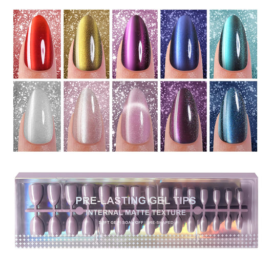 300Pcs Cat Eye Press on Nails Medium Almond, Plauva Soft Gel Fake Nails, Glossy Glitter Cat Eye Nail Tips for Women and Girls Stick On Nails in 15 Sizes