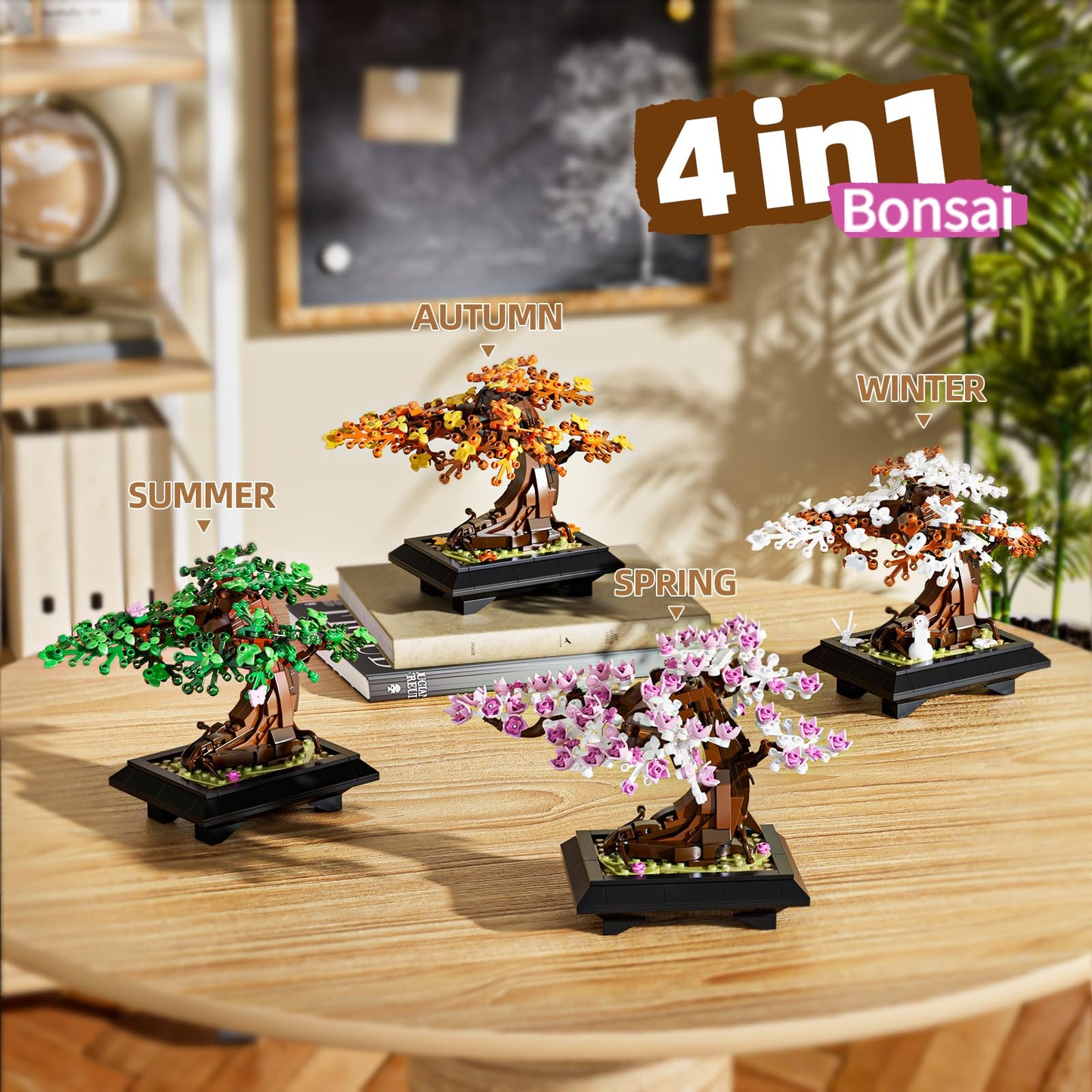 Muiurple 4 in 1 Bonsai Tree Building Set, Four Season Cherry Bonsai Tree Building Kit, Artificial Plant Decor for Home, Desk Greenery, Gift for Adults Girls, Boys and Mother's Day.
