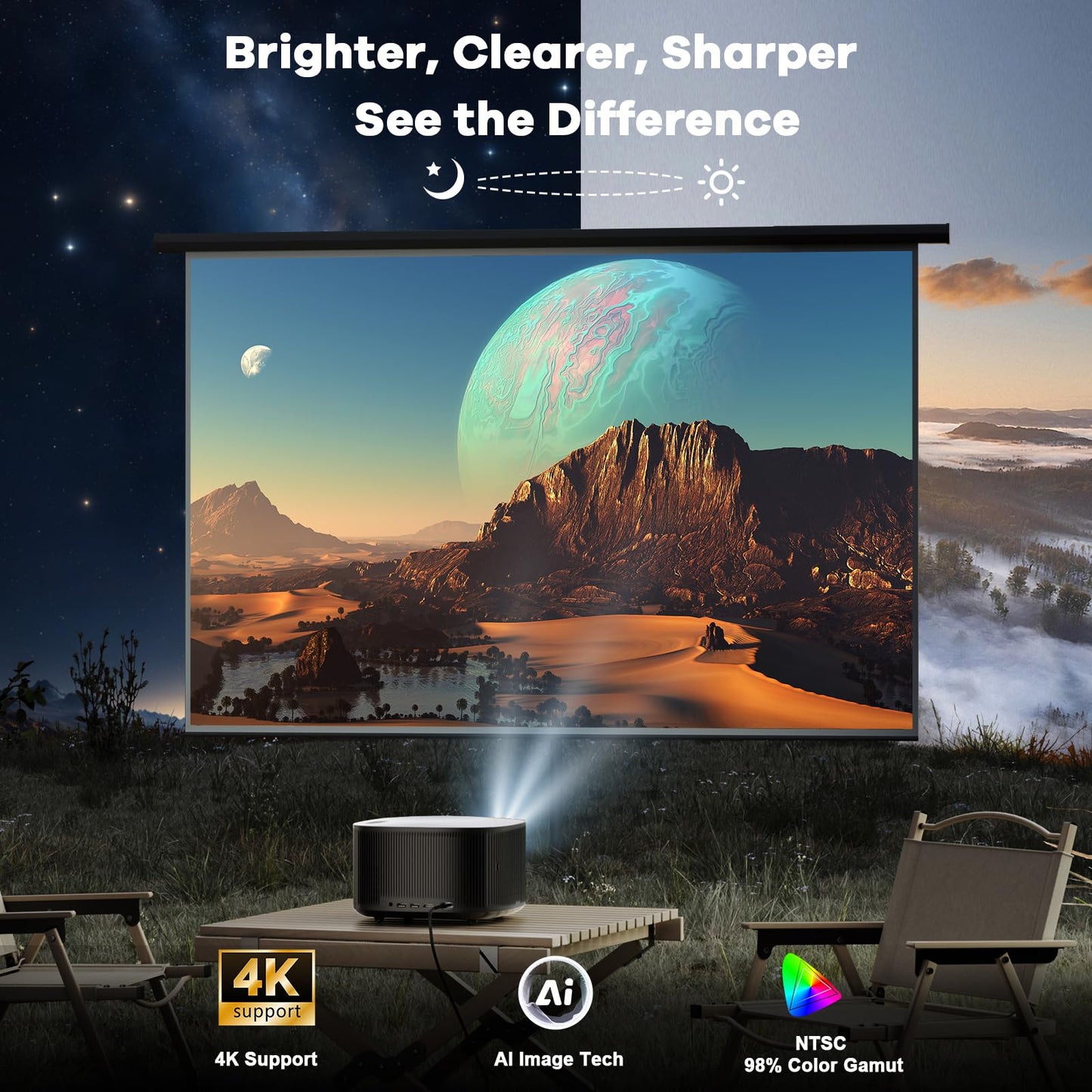 Projector-4K with WiFi and Bluetooth:[3000 ANSI/40W Dolby Audio/Official Licensed Apps], Outdoor-Projector with Smart OS 2.0 & AI Auto Focus,ONOAYO ONO5Pro 2.0 Smart Movie Projector for Indoor/Outdoor