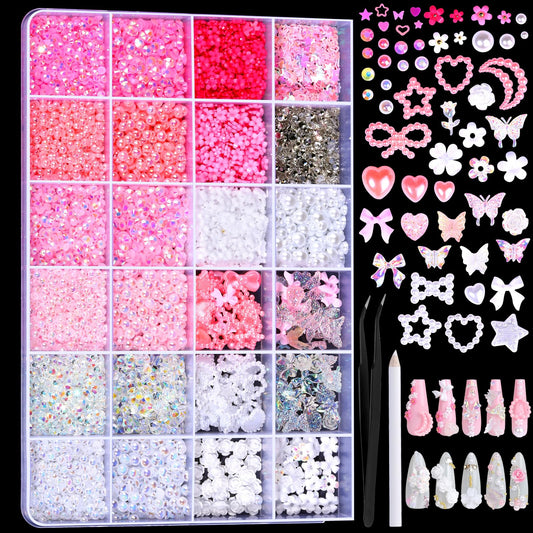 FAMDAMEI 24 Grid Flat Back Pearls and Rhinestones for Dazzling Kit, Clear White Pink Pearls Flatback Resin Jelly Rhinestones,Flower 3D Nail Charms and Gems for Crafting Rhinestone for Crafts