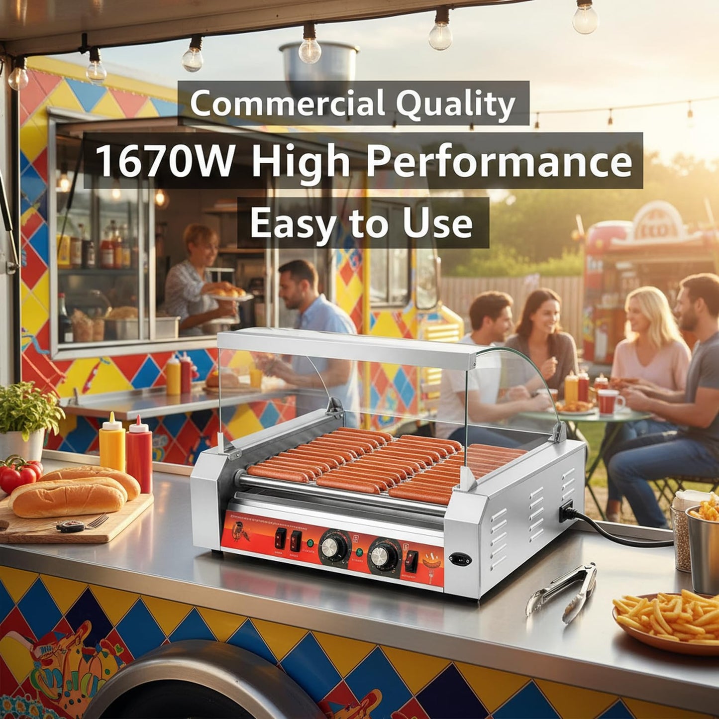 Vexon 11-Roller Hot Dog Machine，Holds 30 Hot Dogs，1670W ，Non-Stick & Stainless Steel，for Parties, Events & Food Stalls