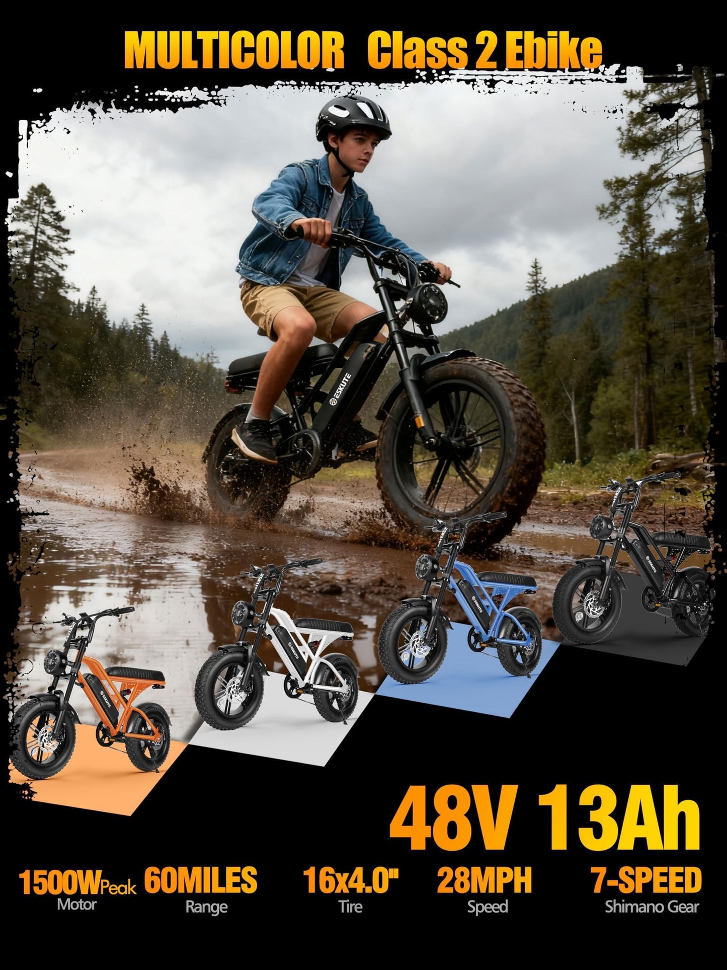 Elecby V100 1500W Peak Electric Bike for Adults, 28MPH 48V 13Ah Removable Battery, 60 Mile Range, 16"x4.0" Fat Tire, 7-Speed E-Bike with Dual Suspension – Commuter Ebike for Men & Women