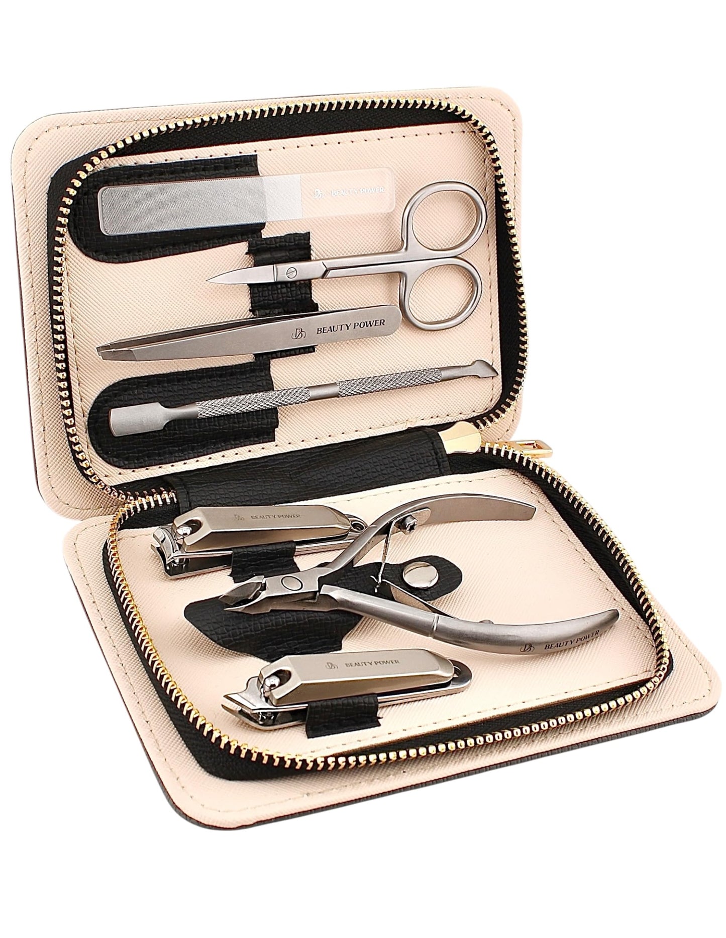 Beauty Power Manicure Pedicure Set 7-in-1 Stainless Steel, Ultra Sharp, Slanted Nail Clipper, Fingernail Clipper, Cuticle Nipper, Glass Nail File, Eyebrow Tweezers, Scissors, Case - Gift Idea - Gray