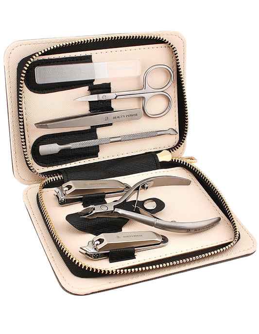 Beauty Power Manicure Pedicure Set 7-in-1 Stainless Steel, Ultra Sharp, Slanted Nail Clipper, Fingernail Clipper, Cuticle Nipper, Glass Nail File, Eyebrow Tweezers, Scissors, Case - Gift Idea - Gray
