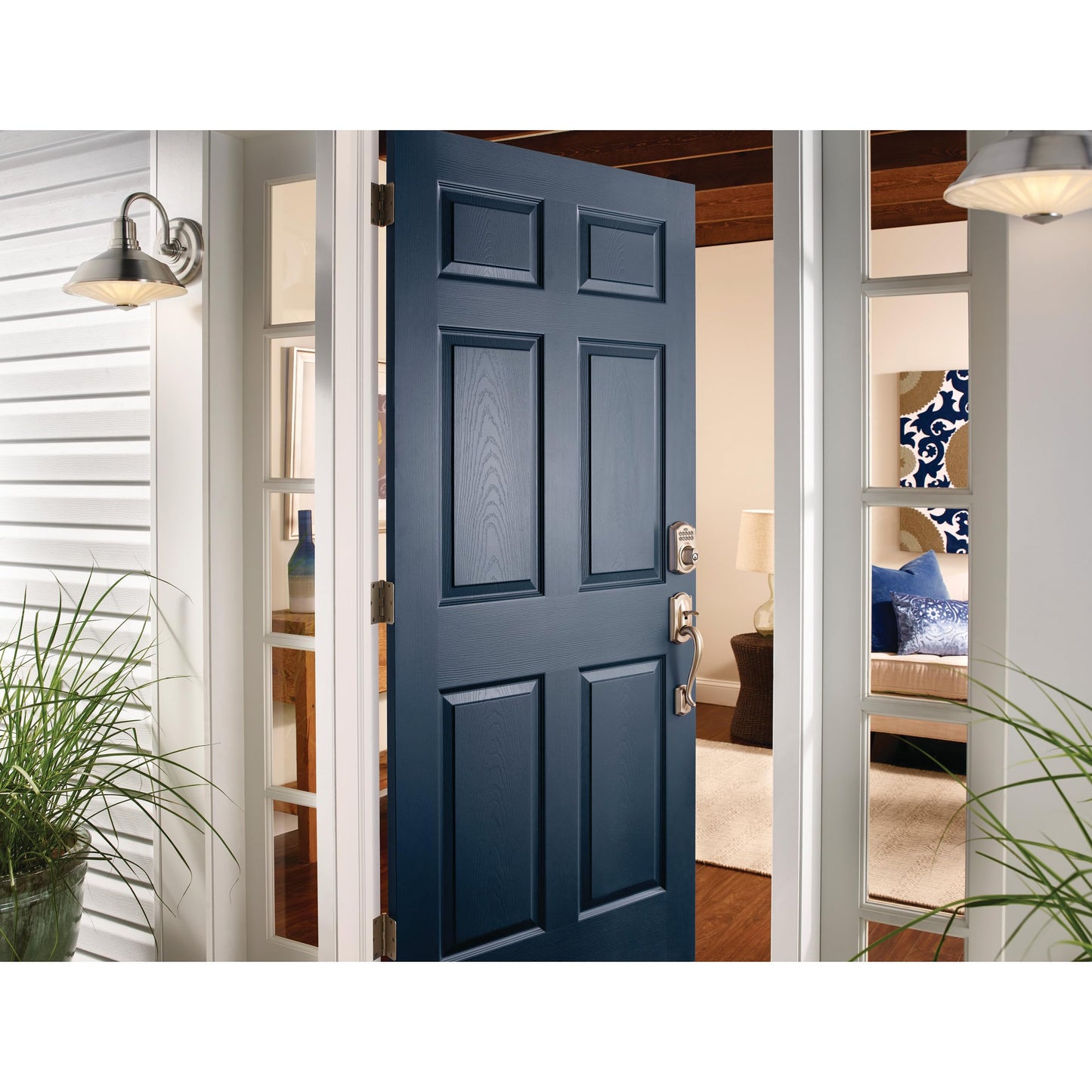 Schlage Camelot Electronic Keypad Deadbolt Lock, Keyless Front Door Entry, Mechanical Key Backup Included, Satin Nickel, BE365 V CAM 619