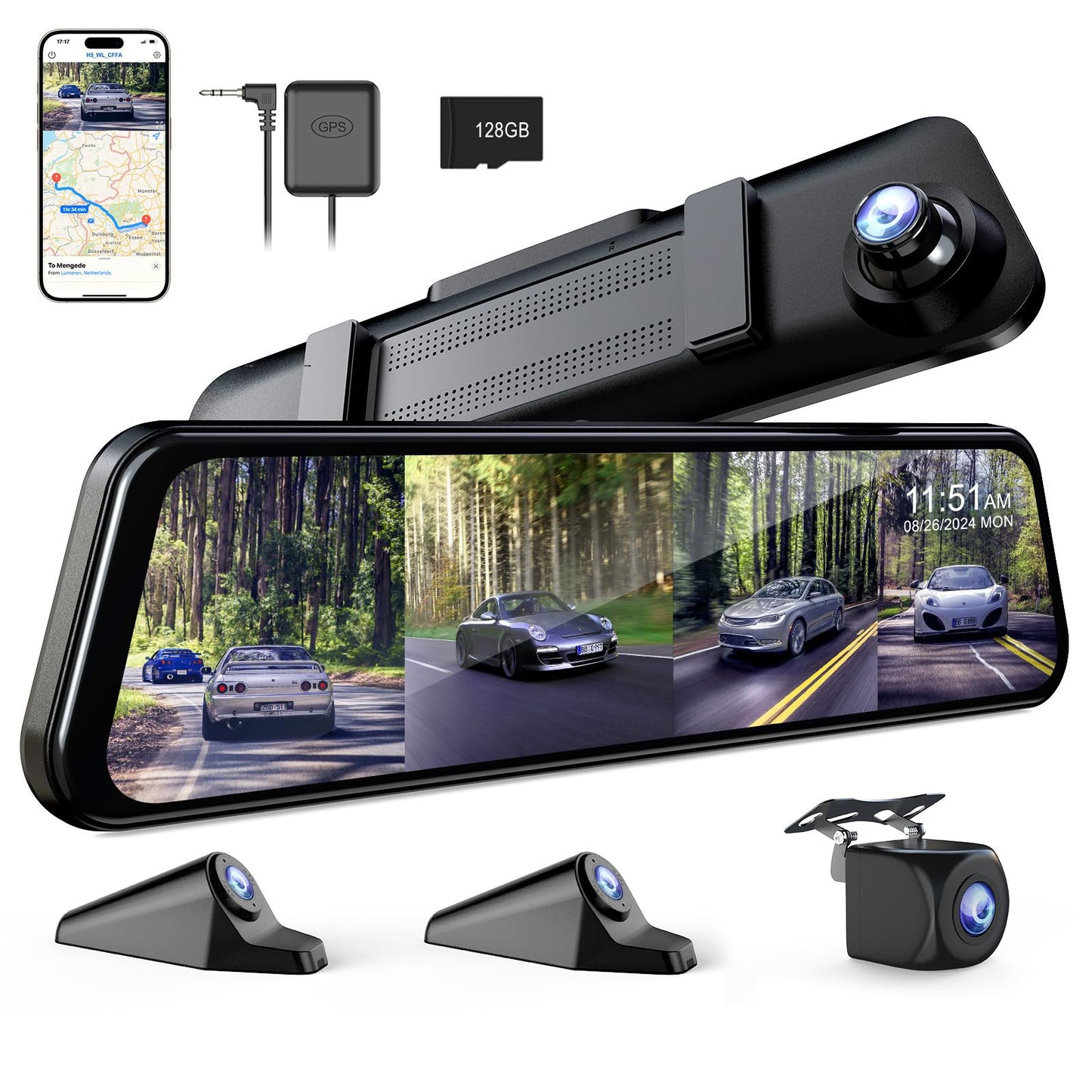 360 Degree View 4 Channel Mirror Dash Cam Detached Camera for Cars，Dash Cam Front and Rear Side(Left,Right),12'' Rear View Mirror Camera1080Px4,WiFi,Night Vision,GPS,Parking Monitor,Free 128GB Card