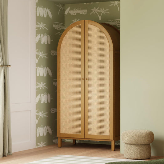 Babyletto Bondi Cane Tall Wooden Armoire Wardrobe Closet with Doors - GREENGUARD Gold Certified Assembled Wood Wardrobe Cabinet for Kids Bedroom - Storage Armoire with Shelves, Rod for Hanging Clothes