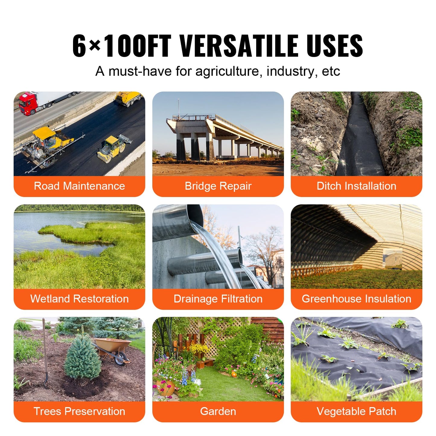 VEVOR 6FTx100FT Non-Woven Geotextile Heavy Duty 8oz Driveway Underlayment for Gravel, Ground Cover, Garden Weed Barrier, Drainage Fabric, Landscaping, Black