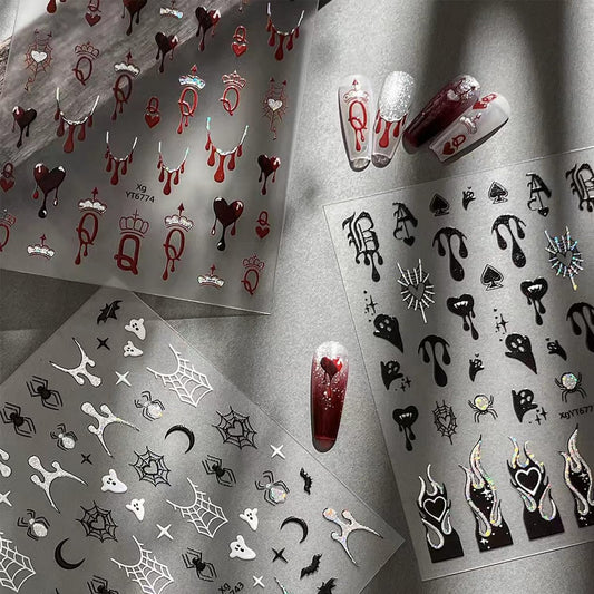 3 Sheets Halloween Nail Stickers Decals Gothic Ghost Nail Art Stickers Self-Adhesive Retro Dark Wind Flame Blood Nails Design Stickers 3D Goth Spider Web Nails Supplies for Women Nail Decorations