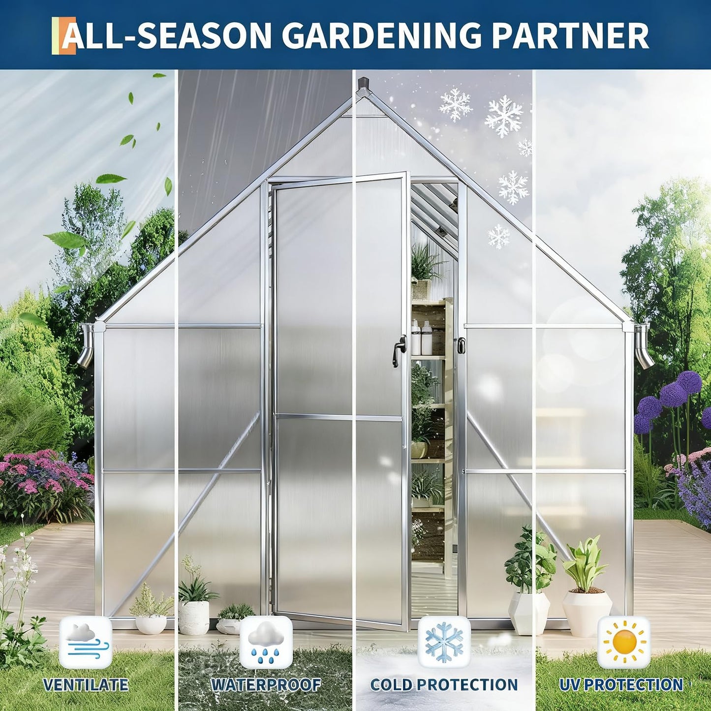 8x12ft Greenhouses for Outdoors, Polycarbonate Greenhouse with Roof Vent, Aluminum Frame Walk-in Greenhouse Kit for Backyard All Seasons Use