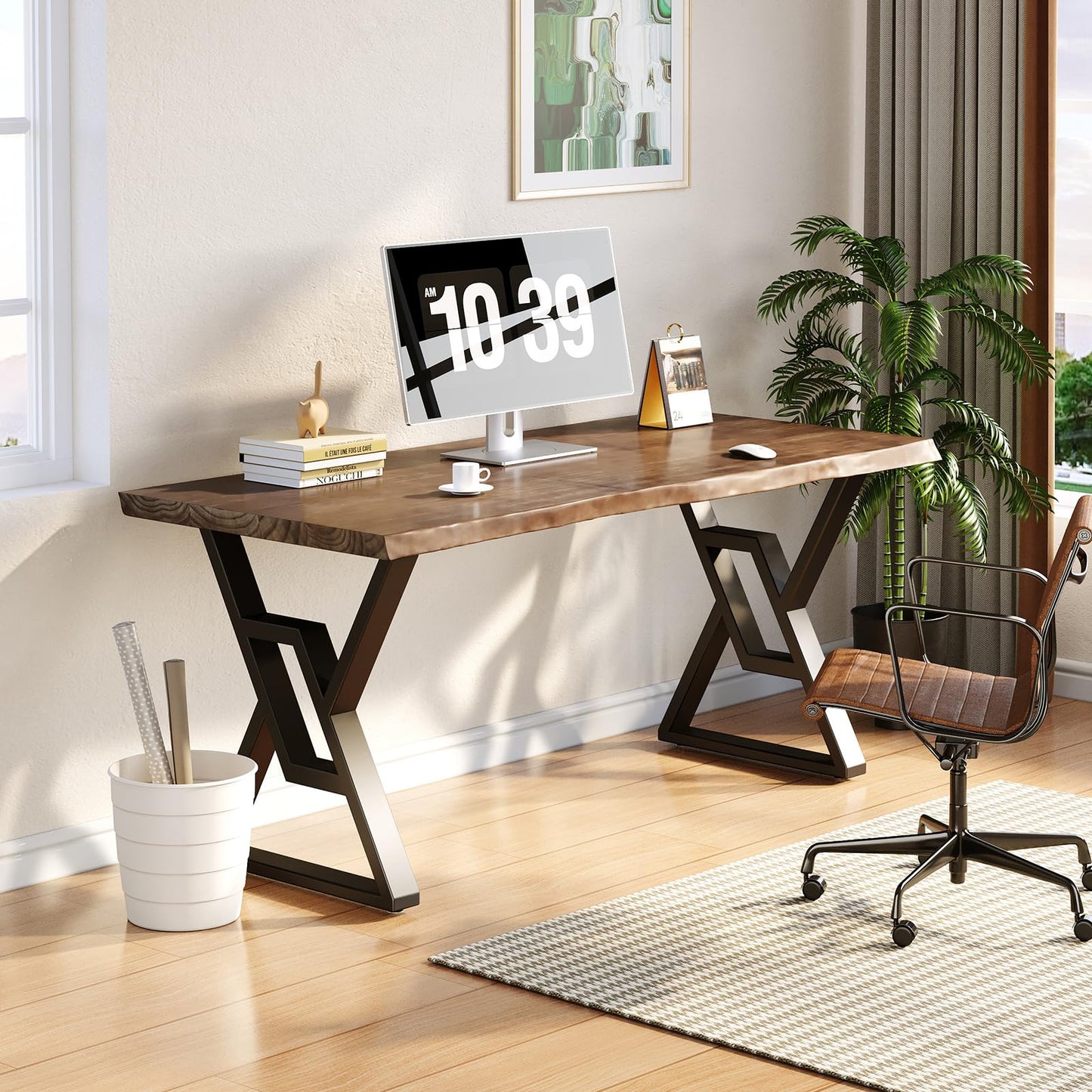 Sihtengxxhongs Rustic Brown 55-inch Solid Wood Computer Desk - Modern Gaming Workbench for Home Office, Modern Simple Design, Ideal for Study, Writing, Dining