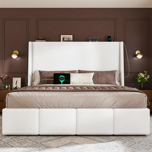 LARMACE King Size Bed Frame 54.2" Extra Tall Wingback Headboard, Lambswool Upholstered Platform Bed Frame with Legs Featuring Built-in Charging Ports, Wood Slats, No Box Spring Needed, White