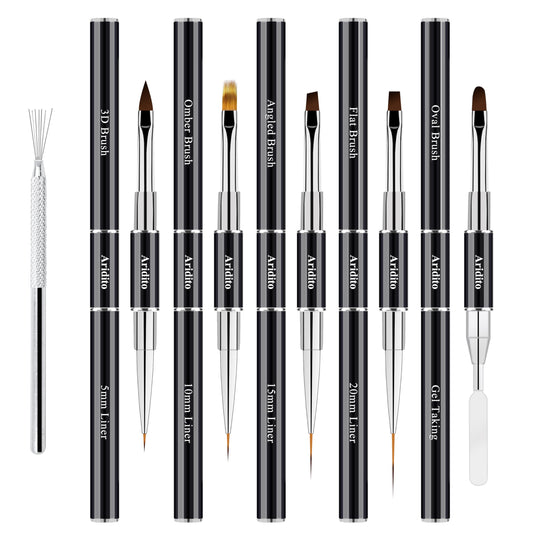 Aridito One 7-Pin Stainless Steel Nail Tool And 5pcs Double-Ended Nail Art Brushes Set With 5/10/15/20mm Liner Brushes, Gel Taking, Ombre/Flat/3D/Oval/Angled Brushes For DIY Manicures & Salons