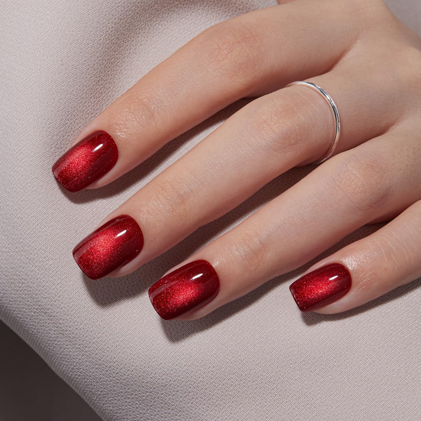 VSALON Press on Nails Short Square - Burgundy Red Cat Eye Glitter Fake Nails, Reusable Opaque Gel Magnetic Effect Fake Nails with Glue & Cuticle Oil - 32 PCS in 16 Sizes
