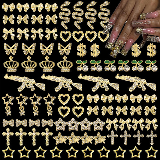 KINGNAME 106Pcs 3D Gold Nail Charms, Luxury Bling Snake Bow Butterfly Jewels, Y2K Glam Rhinestone Art Accessories for DIY Acrylic Nails