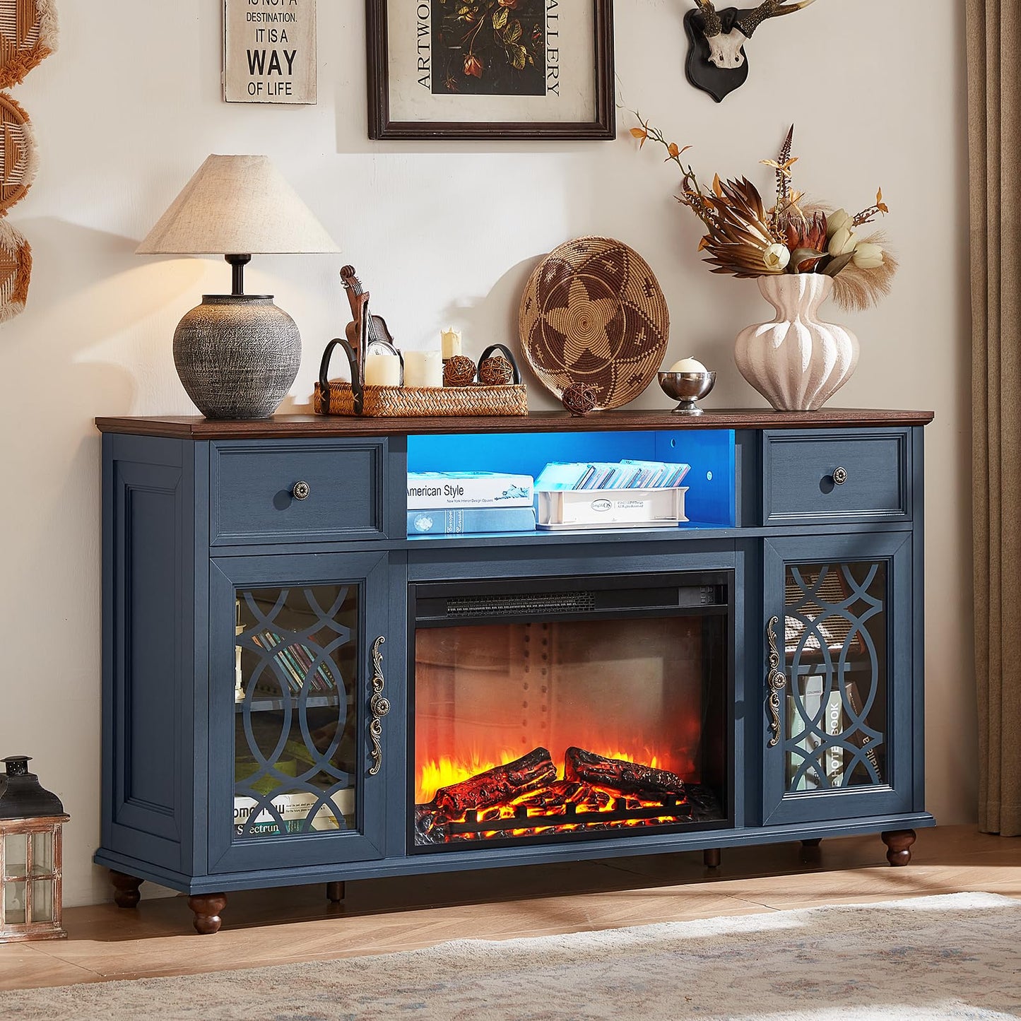 Joaxswe Farmhouse Fireplace TV Stand, 59" Entertainment Center with Electric Fireplace & LED Lights for TVs up to 65'', Glass Door Fire Place TV Stands for Living Room, Media Console w/Drawers, Blue