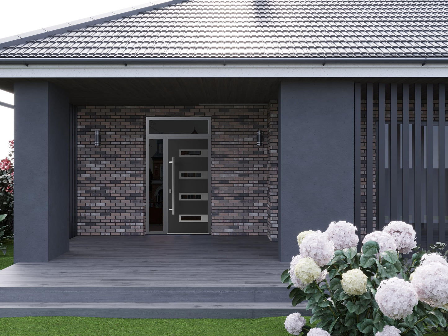 Front Exterior Prehung Steel Door/Ronex 0131 Black Enamel/Side and Top Exterior Window Sidelite/Stainless Inserts Entry Metal Modern Painted W36+12" x H80+16" Right Hand Inswing