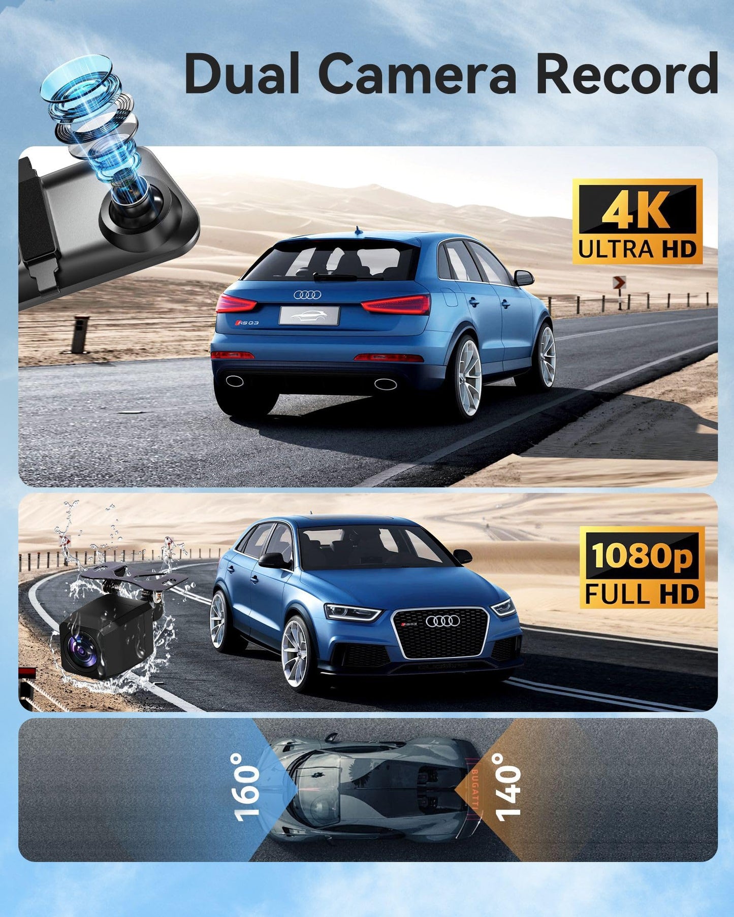 2026 Ultrawide 13’’ 4K Rear View Mirror Camera with Carplay&Android Auto, 5.8GHz WiFi Smart Rearview Mirror with Voice Control/Split Screen, 64GB Card Included,Reverse Assist//Loop Record/G-Sensor