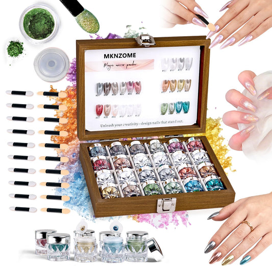 MKNZOME 24 Colors Chrome Nail Powder, Iridescent Aurora Metallic Mirror Holographic Pearl Effect Pigment Glitter White Gold Silver for Home Nail Art Decoration DIY Salon Manicure, Gift for Women