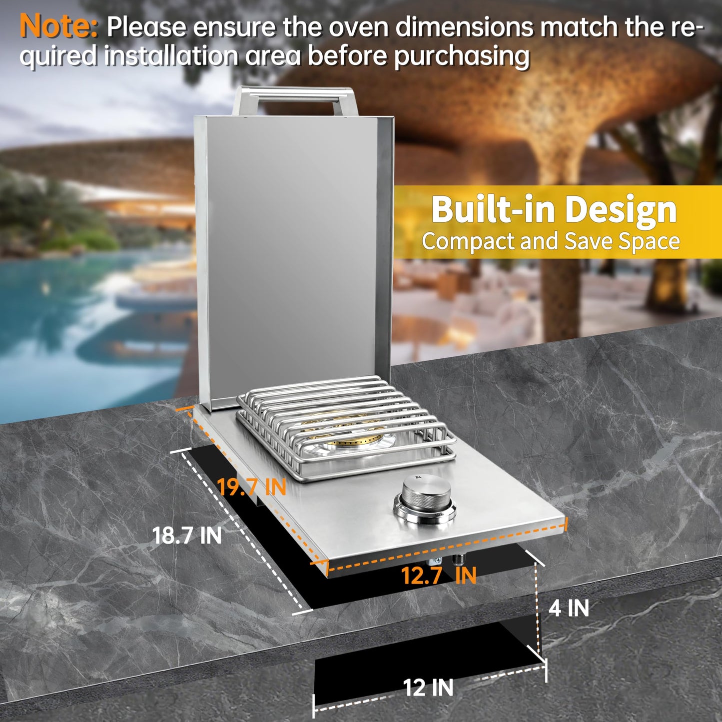 Single Grilling Side Burner, 15,000BTU Natural Gas for Outdoor Kitchen, Heavy-Duty 304 Stainless Steel, Convertible to Liquid Propane, Built-in Single Side Burner for BBQ Grill Island