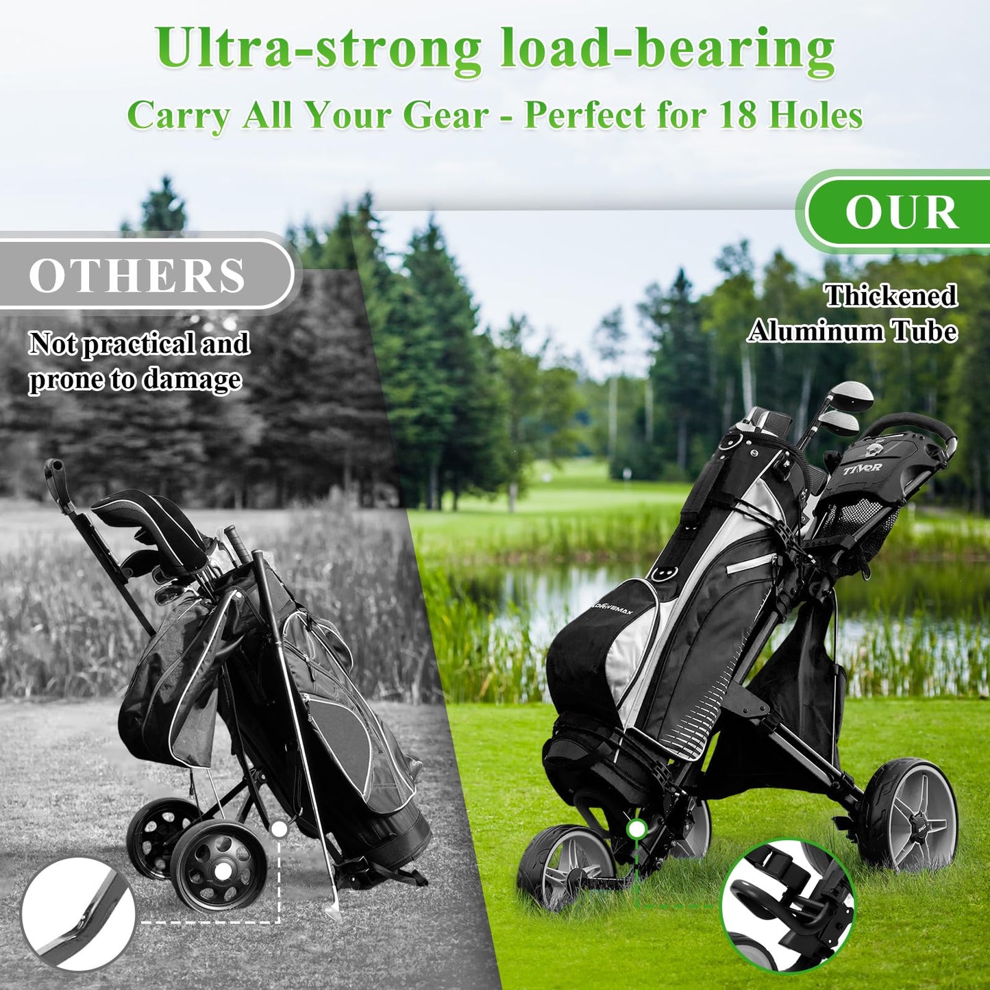 Tivor 3 Wheel Golf Push Cart, Lightweight Push Cart Golf One-Click Folding, Adjustable Height Pushcart for Golf Bags, Compact Design for Ladies, Junior Golfers