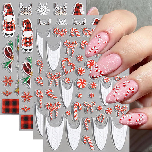 4 Sheets Christmas Nail Art Stickers Candy White French Line Nail Decals 5D Embossed Self-Adhesive Plaid Elk Snowflake Nail Design Nail Decoration for Women Winter Holiday Manicure DIY Nail Supplies