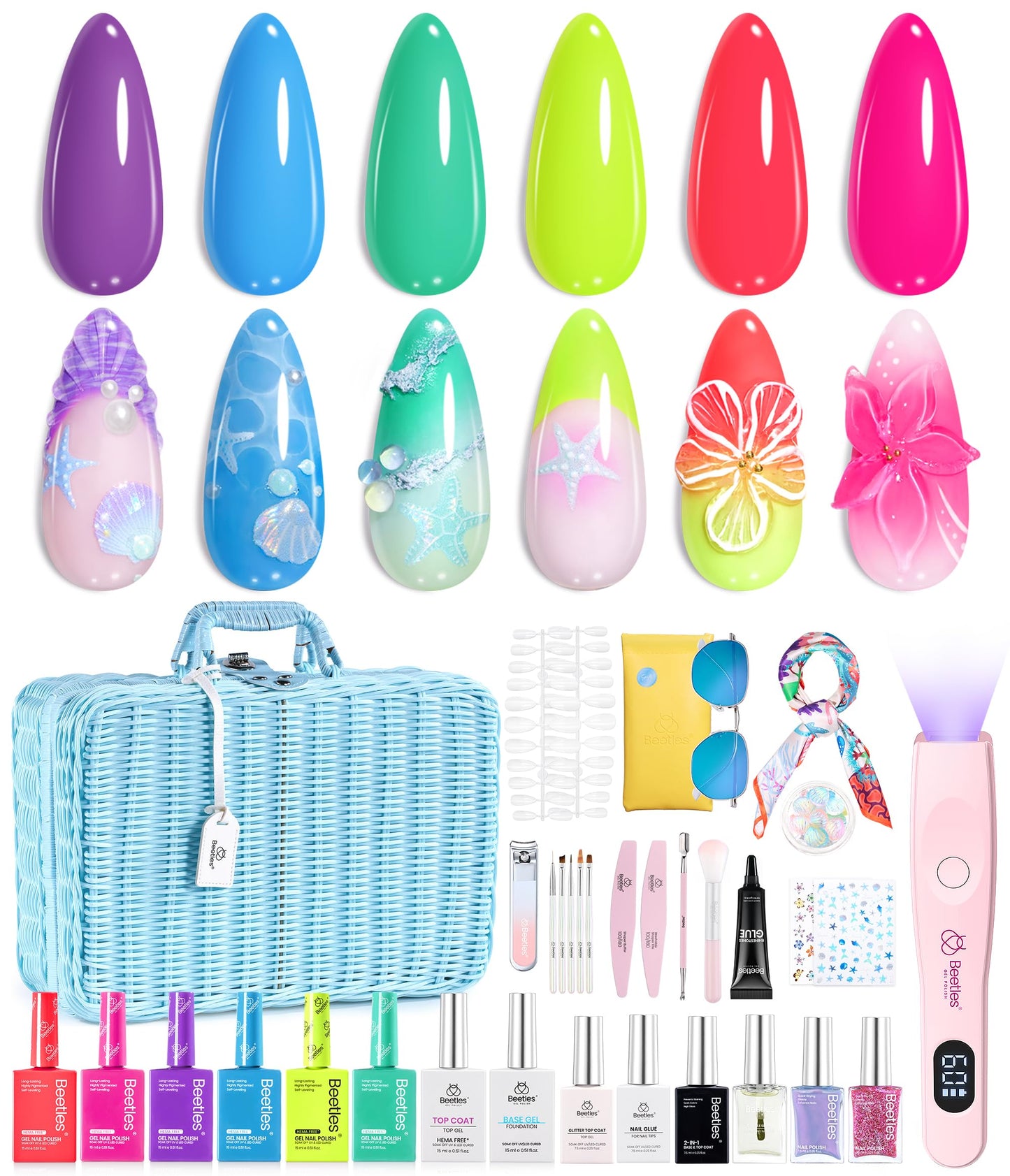 Beetles Cat Eye Press On Nails Short Almond, 32pcs 16 Sizes, Glue and Tabs, HEMA and TPO Free, Rose Glow & Neon Gel Nail Polish Set, Summer Colors with Mini LED Lamp, Base & Top Coat