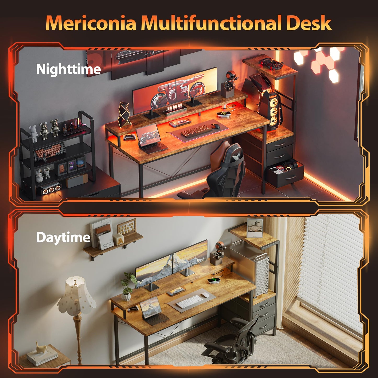 Mericonia Gaming Desk with Power Outlets & LED Lights, Reversible Computer Desk with PC Case Stand, Fabric Drawers, Modern Office Desk with Shelves, Monitor Stand (DJK-Rustic Brown, 51 inch)