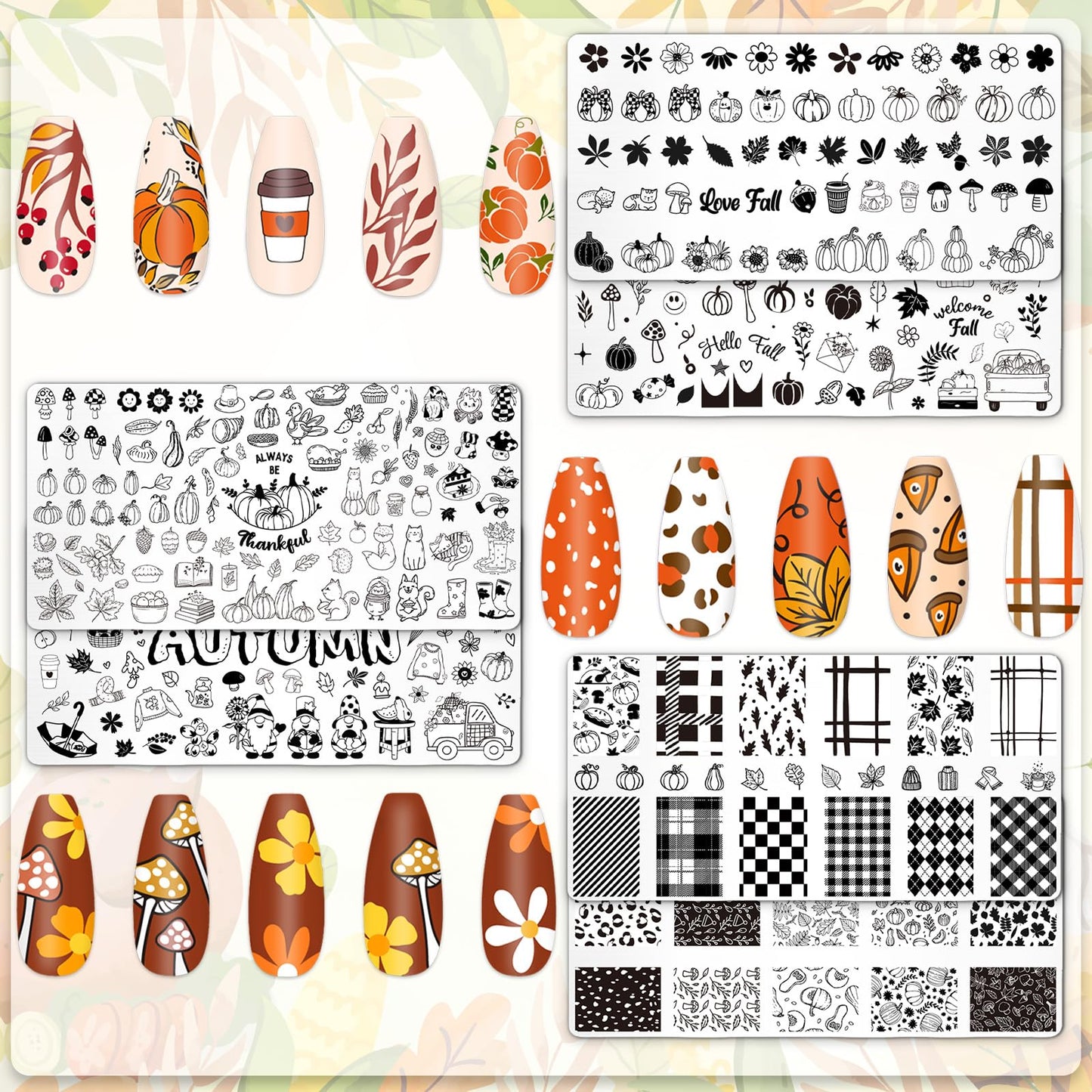 Whaline 6 Pcs Fall Nail Plates Stamping Set Pumpkin Leaves Stamp Templates Nail Art Plates for Autumn Harvest Thanksgiving DIY Print Manicure Salon Design