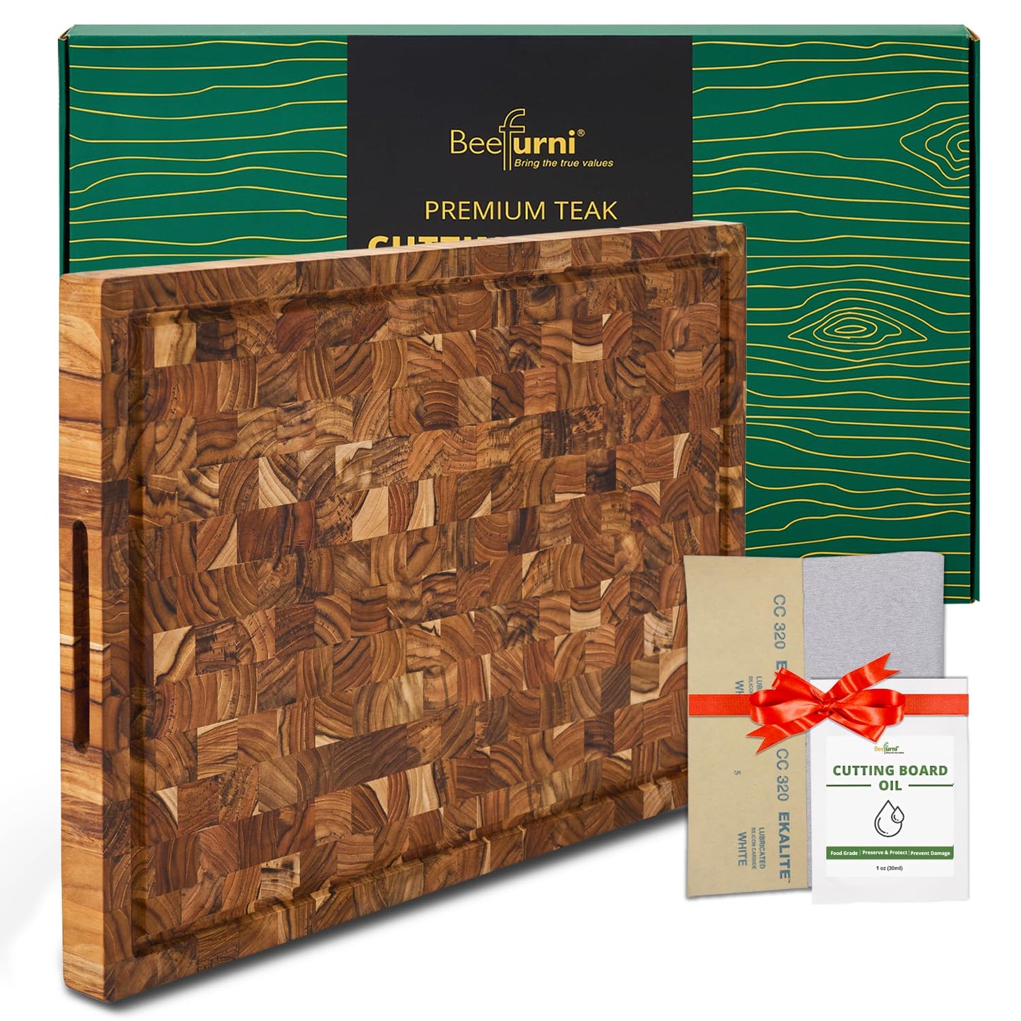 BEEFURNI Teak Wood End Grain Cutting Board (XL, 24x17x1.5"), Extra Large Wooden Cutting Boards for Kitchen, Serving & Charcuterie Boards, Premium Wood Cutting Board, 1-Year Warranty