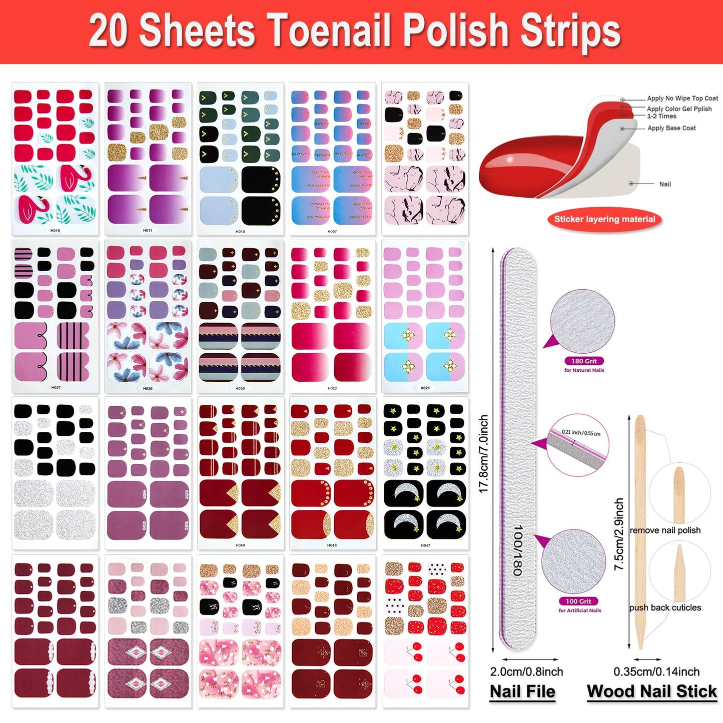 DANNEASY 20 Sheets Toe Nail Stickers Full Nail Wraps for Women - Colorful Self Adhesive Toenails Polish Strips for Toes Gel Strips Toenail Manicure Gel Sticker Nails with File, Cuticle Stick