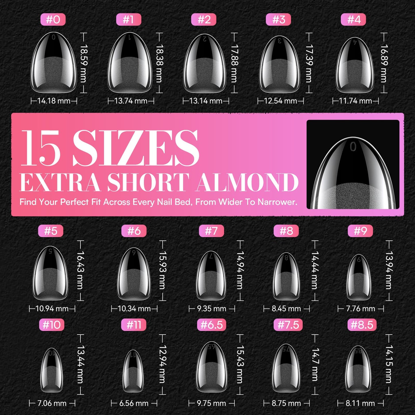 Makartt Extra Short Almond Nail Tips: 504PCS Pre Etched Clear False Nails Tips Almond Shapes, 15 Sizes Full Cover Half Matte Soft Acrylic Press On Nail Extensions Supplies Salon and DIY at Home