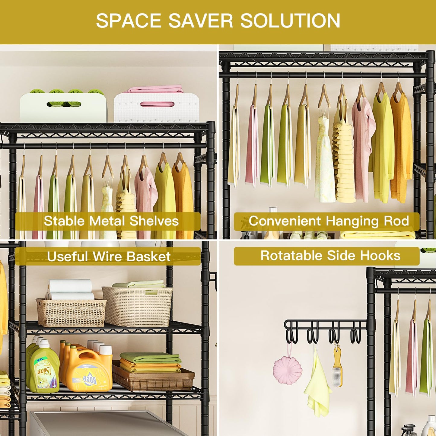 Ulif 65.3" W x 13.4" D x 77.5" H Clothes Drying Rack, 5 Tiers Over Washer and Dryer Laundry Room Storage and Organizer, Heavy-Duty Space Saver, Black