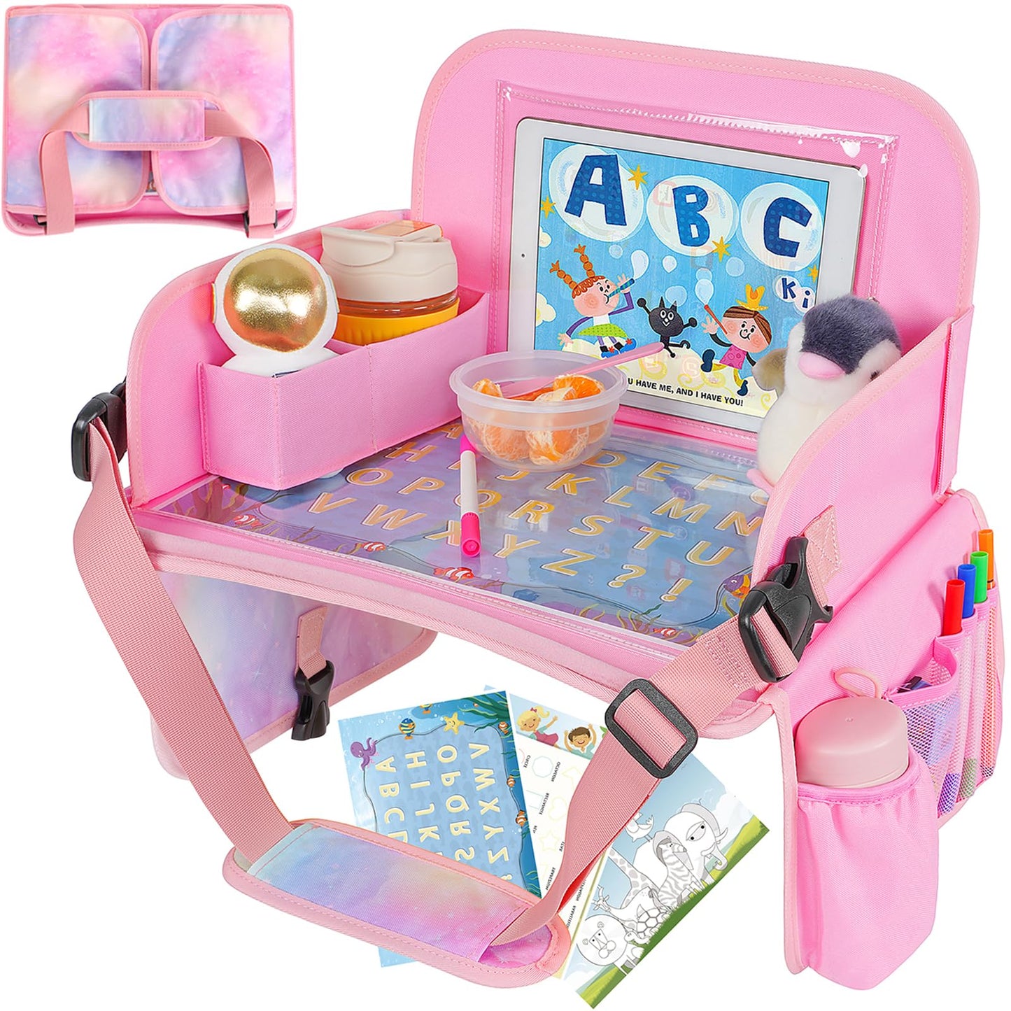 MENZOKE Kids Travel Tray, Car Seat Table Tray, Road Trip Essentials with Educational Drawing Board, Tablet Holder & Cooler Cup Holder, Travel Table for Kids Gifts in Car, Airplane, Multicoloured
