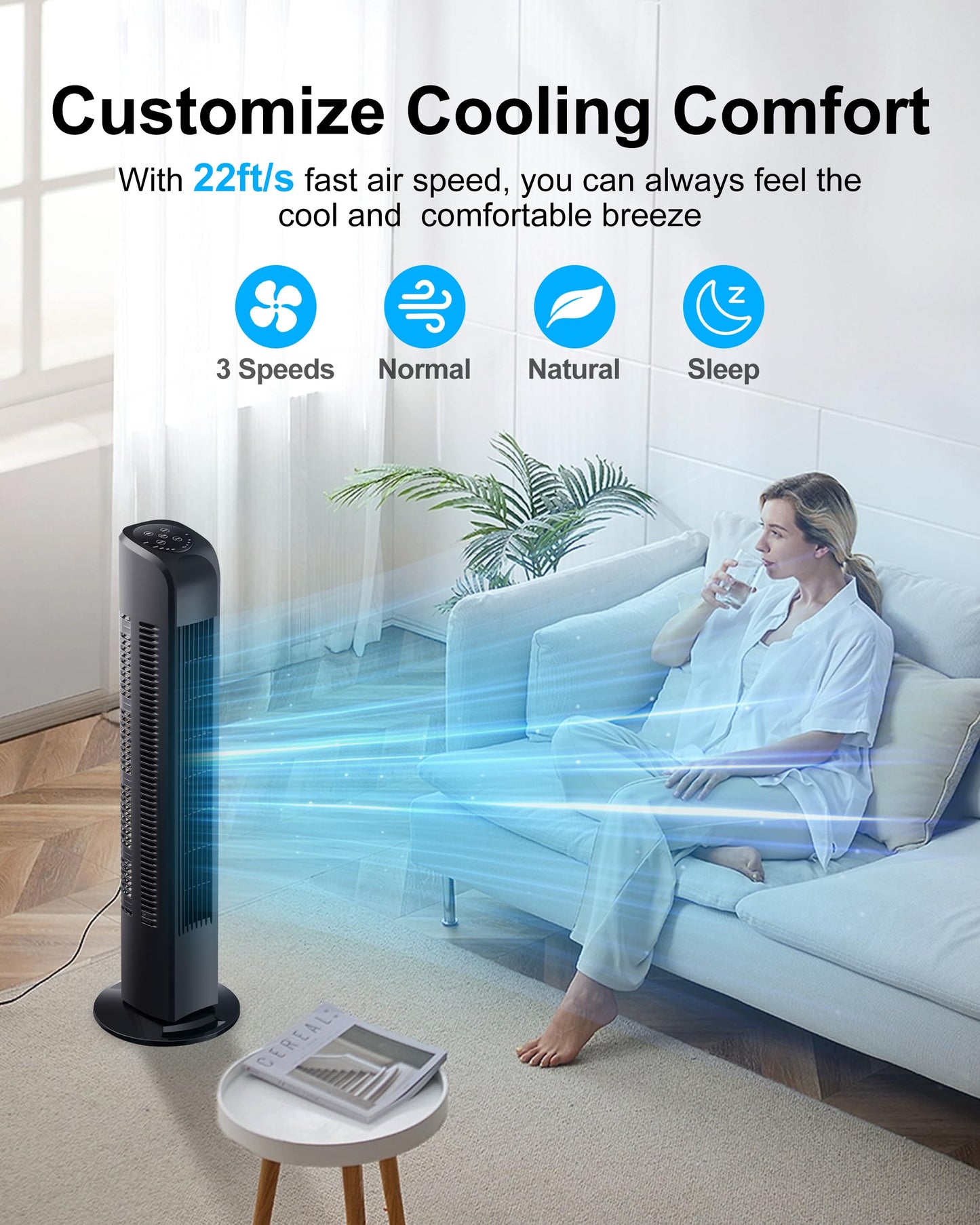 Uthfy Oscillating Tower Fan with Remote, Electric Standing Floor Fan for Bedroom Indoor Office and Home Use,Quiet Cooling Portable Bladeless Tower Fans, 30 inchs, Black