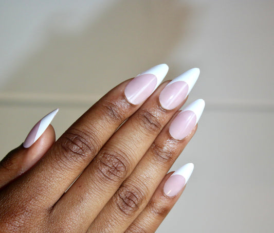 French Tip Press-On Nails – Nude Pink with White Tips | Long Almond Shape, Glossy 24-Piece Reusable Nail Set for Salon-Perfect Look