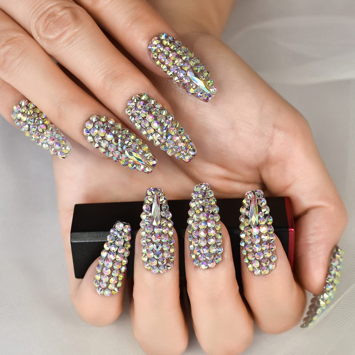 ELEVENAIL 24pcs Luxurious 3D Crystal Press on Nails Long Coffin False Nails Salon DIY Manicure Reusable Fake Acrylic Diamonds Handmade Nail Art Tips Gifts for Women Girls