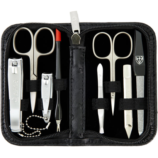 3 Swords Germany – brand quality 8 piece manicure pedicure grooming kit set for professional nail care with synthetic leather case ostrich black - Made in Germany