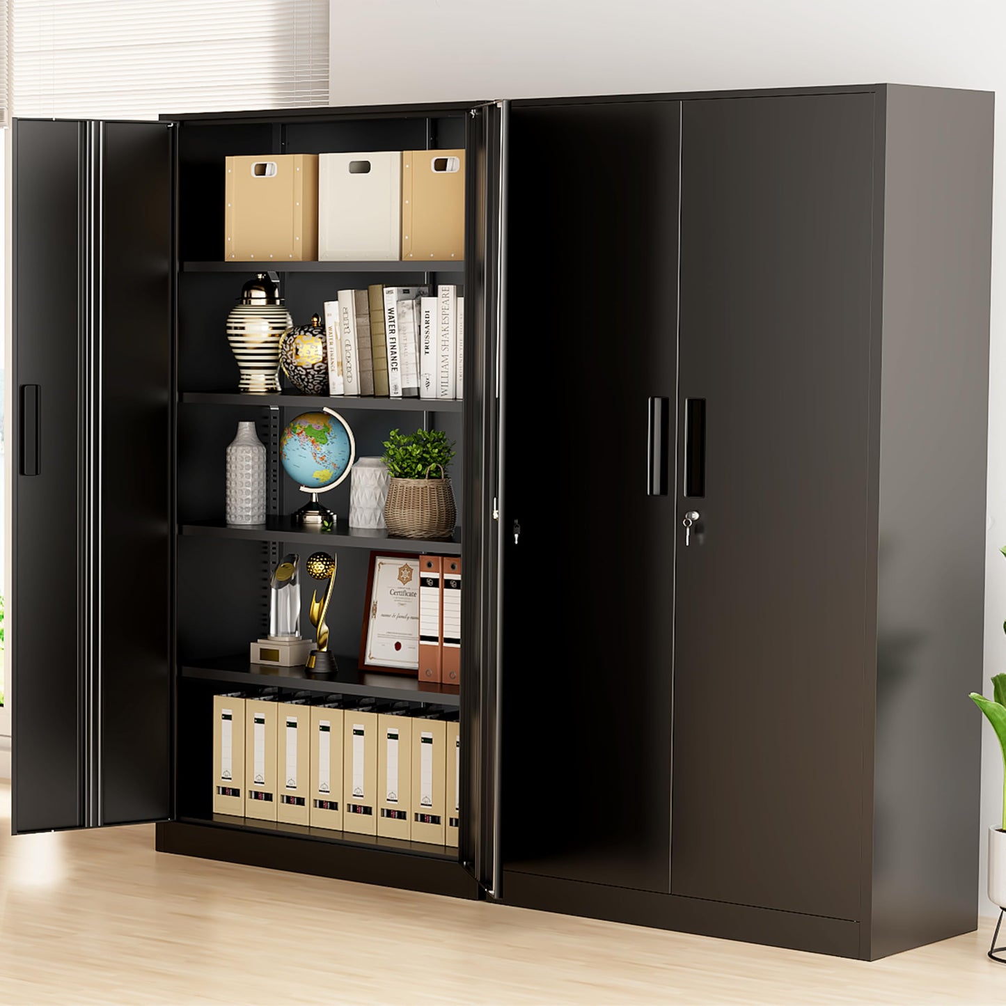 Greenvelly Metal Storage Cabinet, 72" Black Locking Metal Cabinet with 2 Doors and 4 Adjustable Shelves, Lockable Garage Storage Cabinets for Home Office, Garage, Kitchen, Living Room