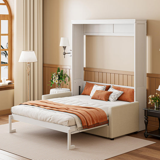 Ball & Cast Murphy Bed Full Size W/ 2 Seat Sofa,Murphy Bed Cabinet W/Cushion,Hideaway Bed W/Support Leg & Handles,for Bedroom Office Guest Room,White