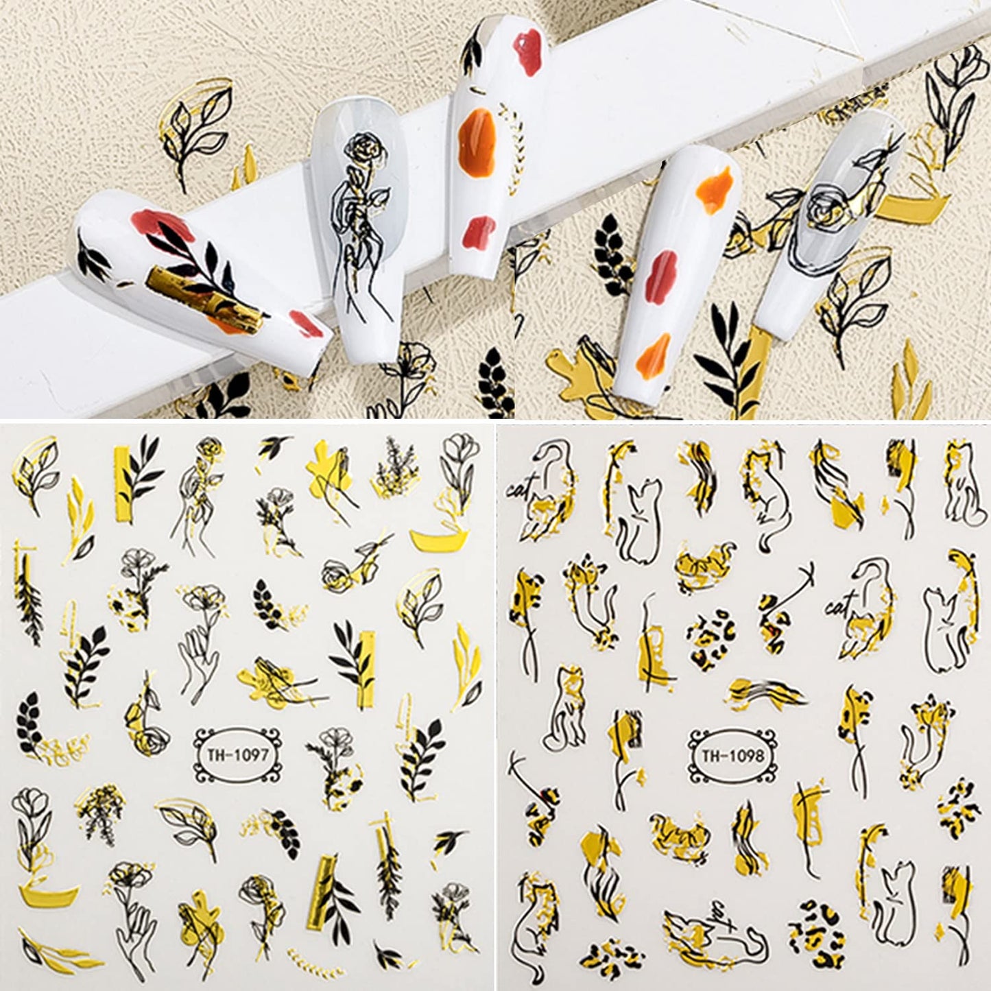 12 Sheets Graffiti Nail Art Stickers 3D White Black Gold Stripe Line Nail Decals Self-Adhesive Abstract Marble Wave Flower Leaf Stickers for Nail DIY Decoration Nail Accessories for Women French Nail