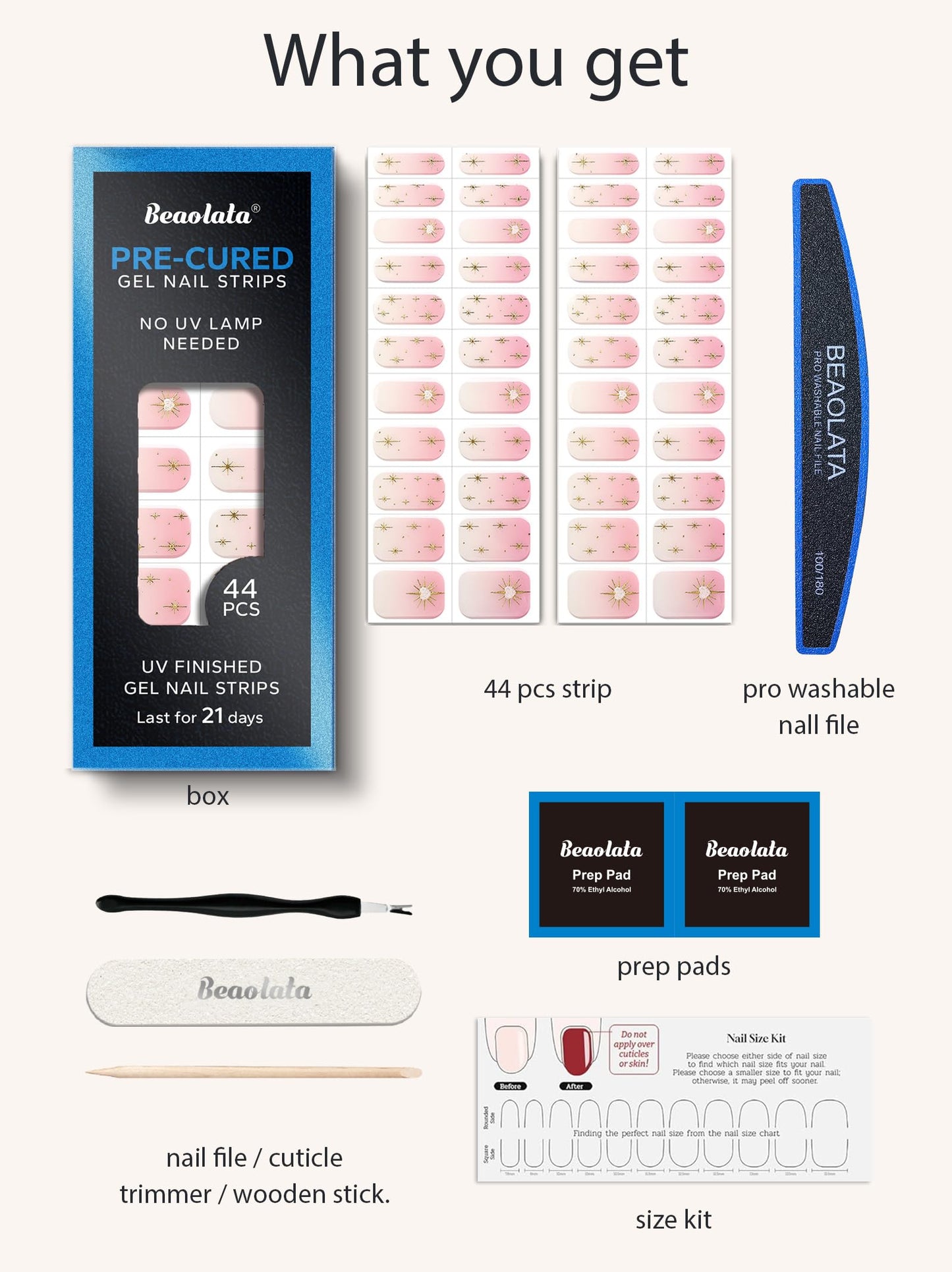 Beaolata Real Gel Nail Strips (No UV Light Needed) - 44Pcs Salon Quality Nail Stickers - Long Lasting Polish Wraps for Women, Easy Apply & Remove (Satin Line Pink)