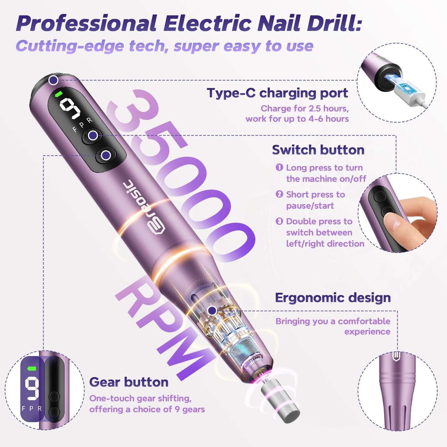Breosic Electric Nail Drill Professional 35000RPM,Rechargeable Electric Nail File Cordless with 9-Speed & LED Display,12-in-1 Portable Manicure Pedicure kit for Acrylic Gel Dip Powder Nails (Purple)