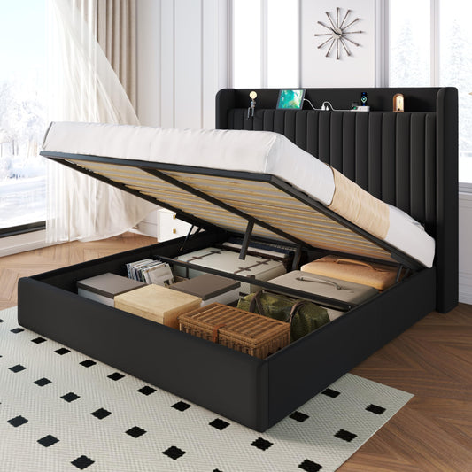 SHA CERLIN Queen Size Lift Up Storage Bed Frame with Charging Station/USB,Type-C Port/Storage Headboard/Velvet Upholstered/Hydraulic Support/No Box Spring Needed/Noise Free/Black