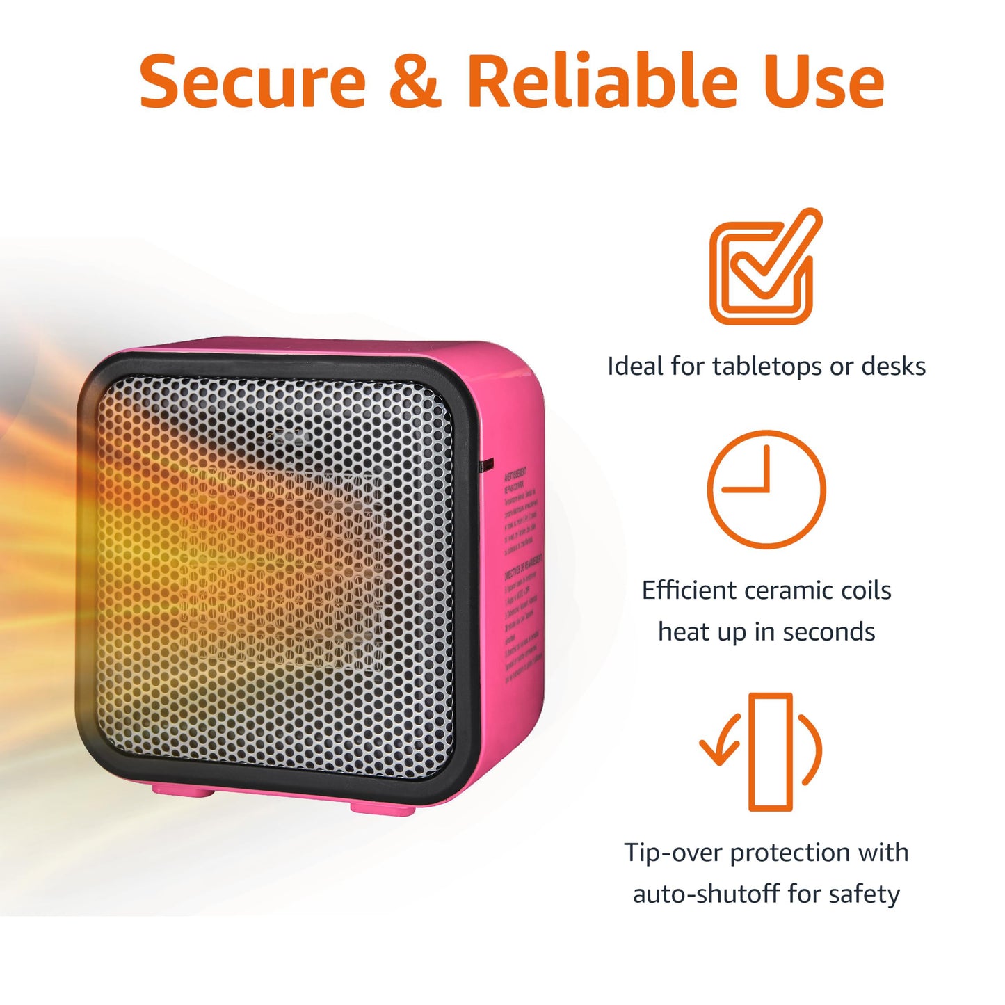 Amazon Basics Ceramic Space Heater, Portable Mini Heater for Office Desk, Indoor Use, 500W, With Tip-Over Protection, Lightweight 1.4 lbs, Pink, 5.9 x 3.2 x 6 inches
