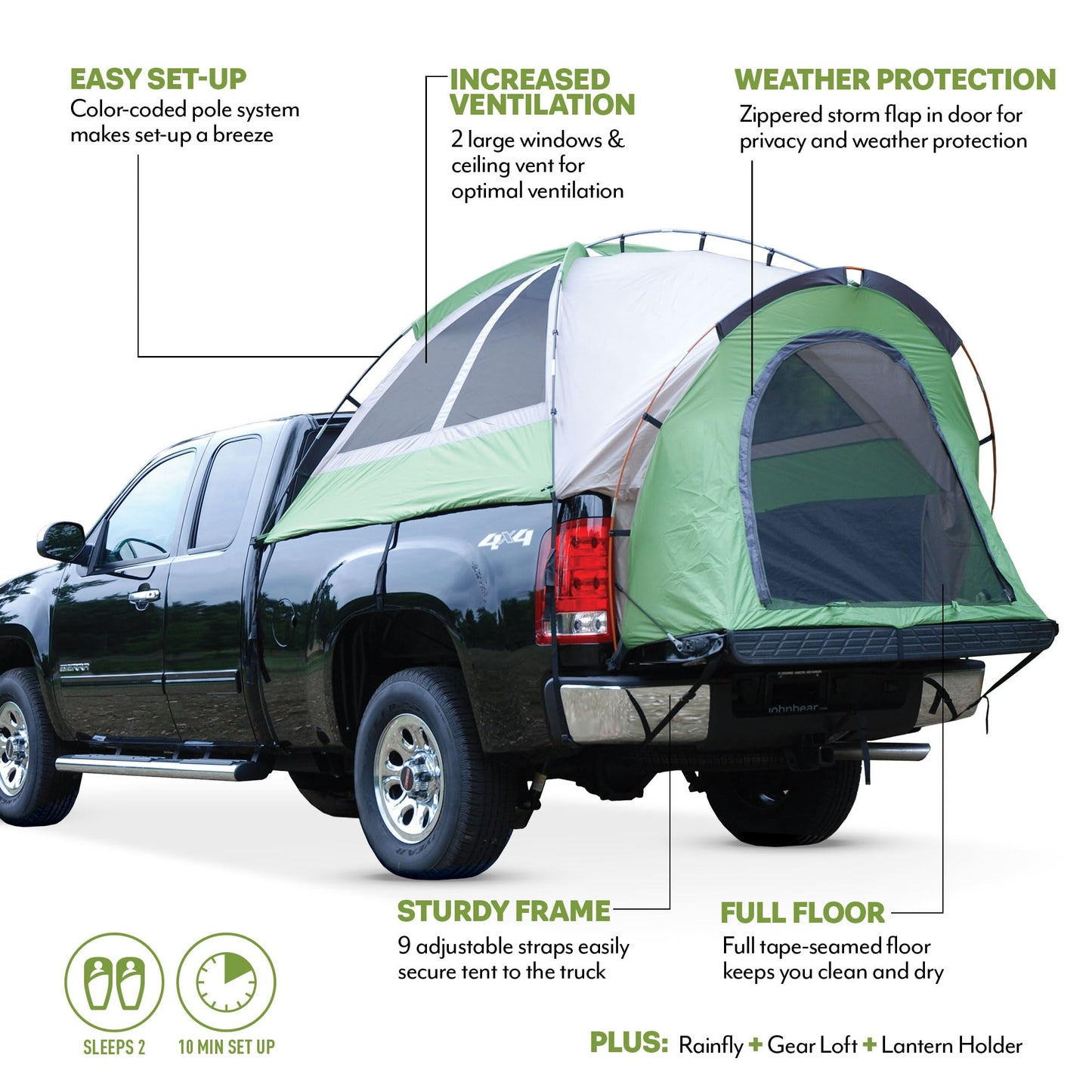 Napier Backroadz Truck Tent 13 Series | Pickup Truck Bed Camping Tent | Rainfly for Water Protection | Sturdy and Spacious 2-Person Truck Bed Tent | Easy 10-Minute Setup | Green/Gray