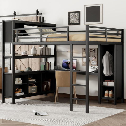 Queen Loft Bed with Wardrobe and Storage Cubes, Queen Size Loft Bed with Desk, Storage Shelf and Guardrail, Queen Size Loft Bed for Adults, Teens, Kids, Black